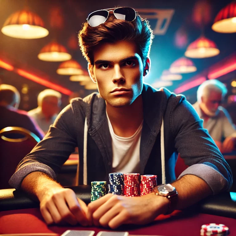 DALL·E 2025-03-24 20.43.38 - A young and determined poker player sitting at a poker table in a lively casino setting. The player looks focused, wearing casual but stylish clothes,